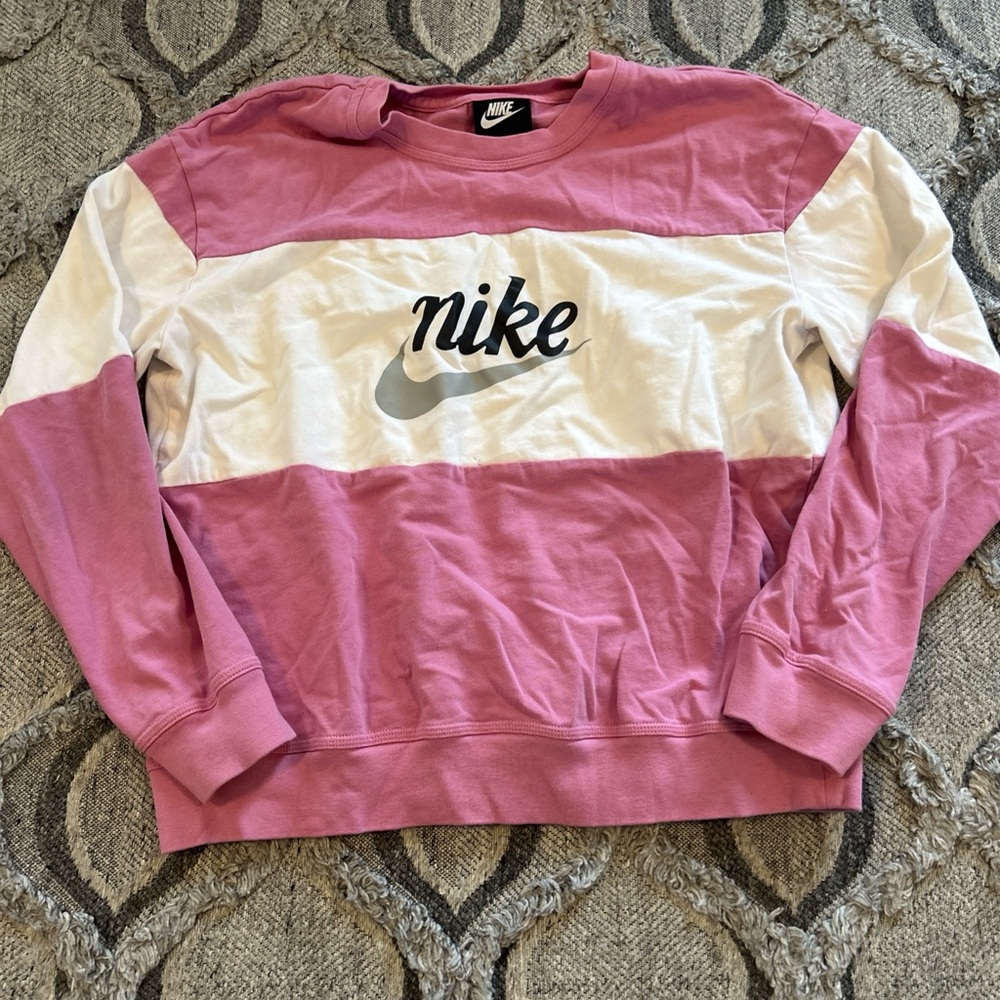 Nike Pink and White varsity striped crewneck Sweatshirt